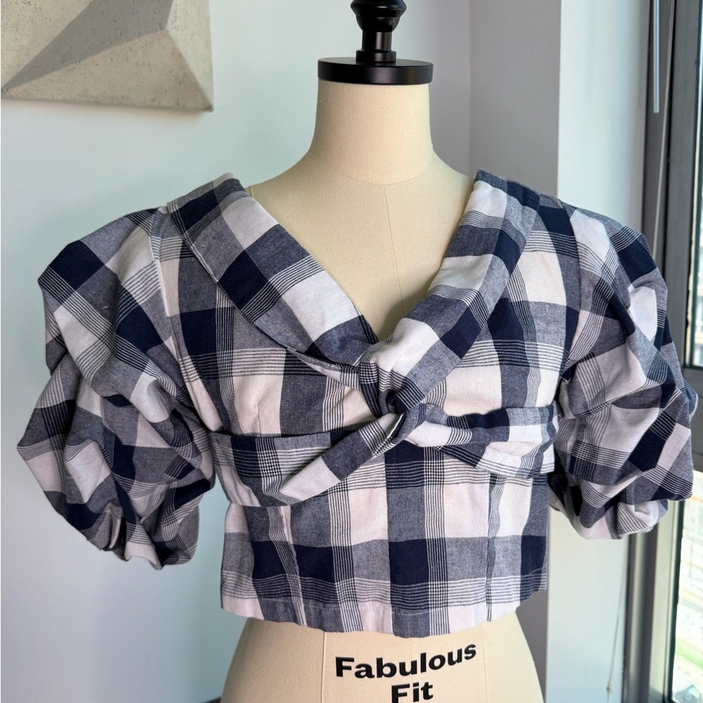 Navy Checkered Puff Sleeve Blouse